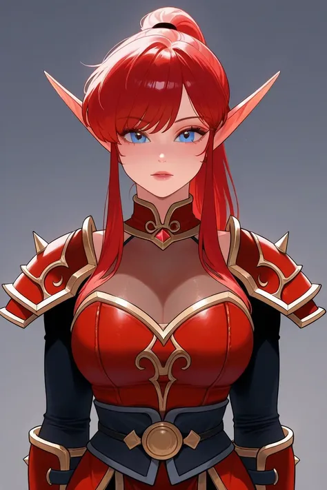 Ranma chan, long red hair, blue eyes, red blood elf (warcraft) costume, wizardress armor, see-through cleavage