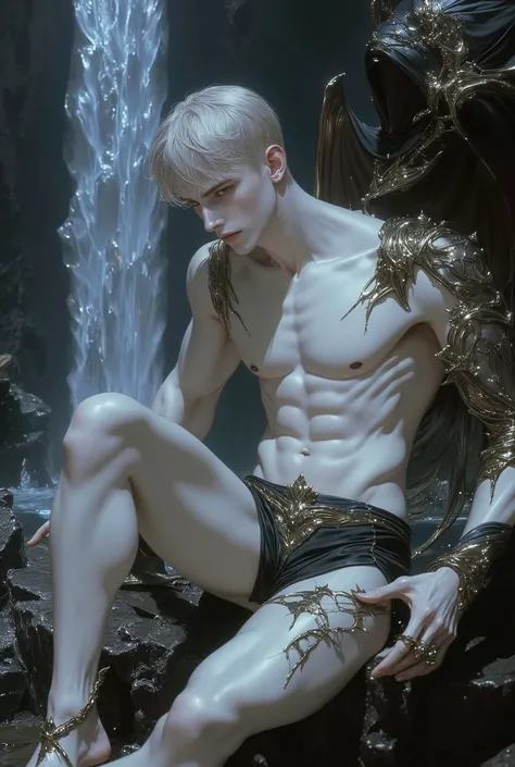  young man with a symmetrical slim athletic body, snow white pale skin, very masculine, wearing small shorts, black eyes, Roman nose, thin lips, fine face, medium eyes, broad shoulders, narrow waist, muscular legs, handsome, gorgeous, he is sitting on a ro...