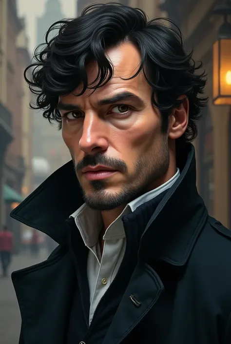 Handsome Sherlock Holmes , with a mole under the left eye,  brown eyes ,  black hair, tall and muscular 