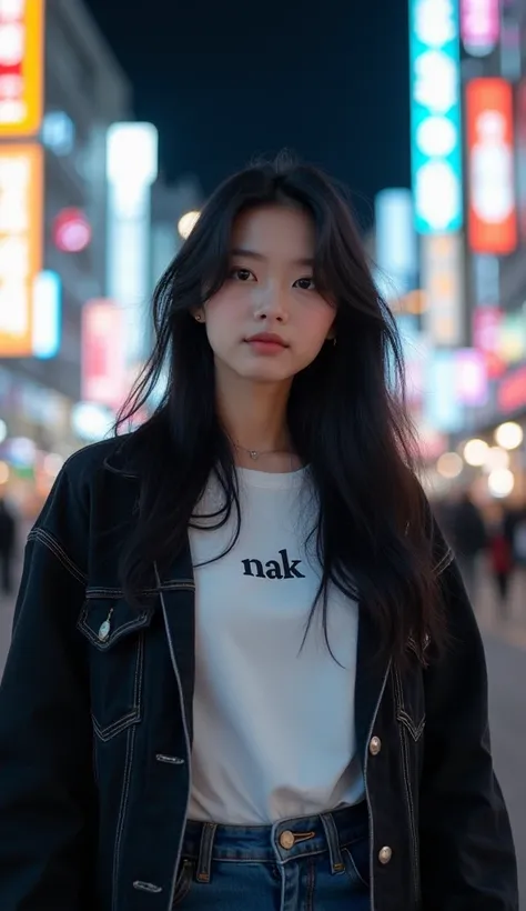  A beautiful korean girl ,  white, t-shirt with text "NAJK ", outer black denim jacket,  long black hair , Selfie, Tokyo night street background