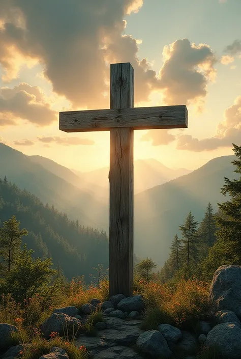 The super realistic Cross of Jesus Christ in a beautiful landscape 