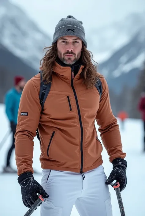 adult handsome muscule skier man in the snow. snowy mountains and men in backround. Nordic taned man, long hair, color sports jacket
masterpiece, best quality, high resolution, close-up portrait, male focus, solo focus, muscular, strong, bodybuilder, bodyb...