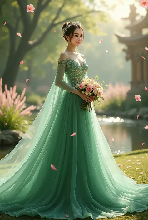 An elegant Asian woman wearing a breathtaking, flowing green wedding gown is standing fully facing forward, her body and face clearly visible with a joyful and radiant expression. She holds a beautiful bouquet of fresh flowers close to her, complementing h...