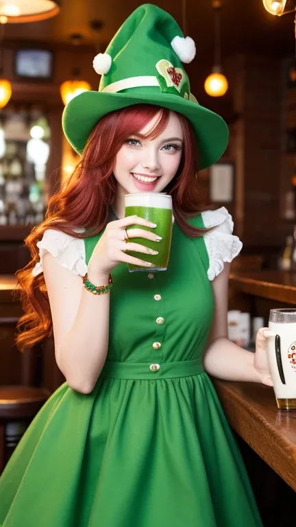 "A vibrant young woman with long, fiery-red hair, wearing a stylish green dress and a small leprechaun hat. She holds a frosty mug of green beer in one hand and a four-leaf clover in the other, winking playfully at the viewer. Irish pub setting, festive li...