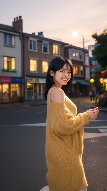 "A graceful young woman with shoulder-length black hair, wearing a sleek city outfit. She walks along a street with yellow tactile paving, gently guiding a visually impaired  by the hand, smiling warmly. Urban setting, golden-hour lighting, ultra-detailed,...