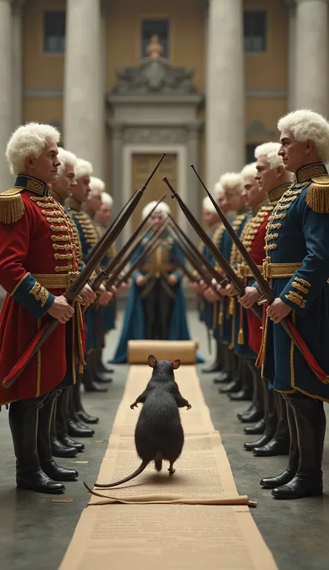 "A surreal and comical 18th-century execution scene featuring a miniature firing squad of tiny, uniformed soldiers armed with equally tiny muskets. The rat stands before them, as if on trial, with a solemn atmosphere. A group of high-ranking Russian milita...