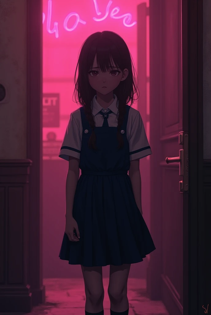 solo asian girl,marin kitagawa,school uniform,jumper skirt,one-piece,crying,indoor,dubious night club,pink light