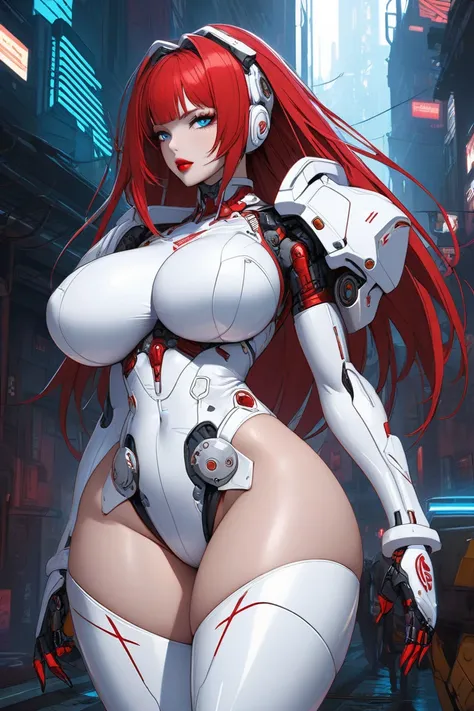 Female cyborg character blue eyes red lips with white clothes red latex details, in a cyberpunk world ( gigantic breasts)