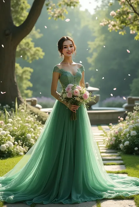 An elegant Asian woman wearing a breathtaking, flowing green wedding gown stands fully facing forward, her body and face clearly visible with a joyful and radiant expression. She holds a beautiful bouquet of fresh flowers close to her, complementing her gr...