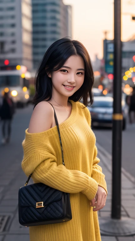 "A graceful young woman with shoulder-length black hair, wearing a sleek city outfit. She walks along a street with yellow tactile paving, gently guiding a visually impaired  by the hand, smiling warmly. Urban setting, golden-hour lighting, ultra-detailed,...