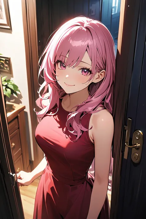 1 girl, (adult woman), (smiling with embarrassment), (medium breasts), (tight-fitting dress), wavy long hair, in front of a door, playful stance, 
BREAK 
modern apartment, stylish entrance, (inviting atmosphere:1.2), homey details, vibrant colors, 
BREAK 
...