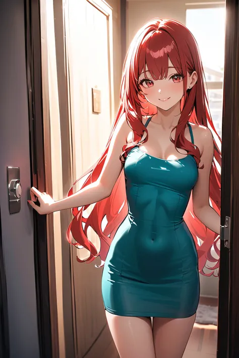 1 girl, (adult woman), (smiling with embarrassment), (medium breasts), (tight-fitting dress), wavy long hair, in front of a door, playful stance, 
BREAK 
modern apartment, stylish entrance, (inviting atmosphere:1.2), homey details, vibrant colors, 
BREAK 
...