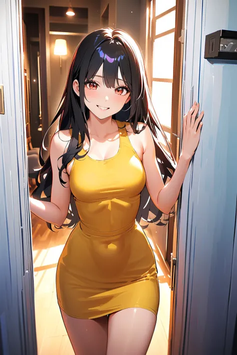 1 girl, (adult woman), (smiling with embarrassment), (medium breasts), (tight-fitting dress), wavy long hair, in front of a door, playful stance, 
BREAK 
modern apartment, stylish entrance, (inviting atmosphere:1.2), homey details, vibrant colors, 
BREAK 
...