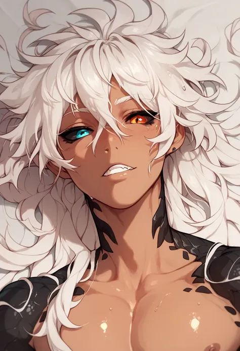 Tanned dragon-boy, white hair, long hair, messy hair, black scales, black sclera, gradient skin, heterochromia 