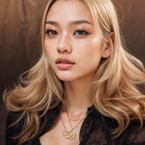 a young Asian woman, 20 years old, black blouse, long platinum hair, black eyes, full lips, light makeup, highly detailed facial features, freckles, fair skin, sensual and delicate features, large breasts, Necklace Golden, Piercing Golden nose, big boobs (...