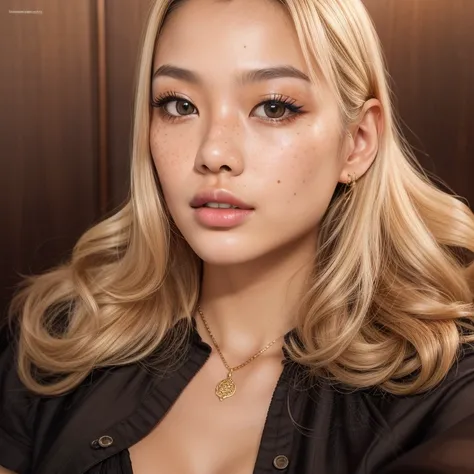 a young Asian woman, 20 years old, black blouse, long platinum hair, black eyes, full lips, light makeup, highly detailed facial features, freckles, fair skin, sensual and delicate features, large breasts, Necklace Golden, Piercing Golden nose, big boobs (...