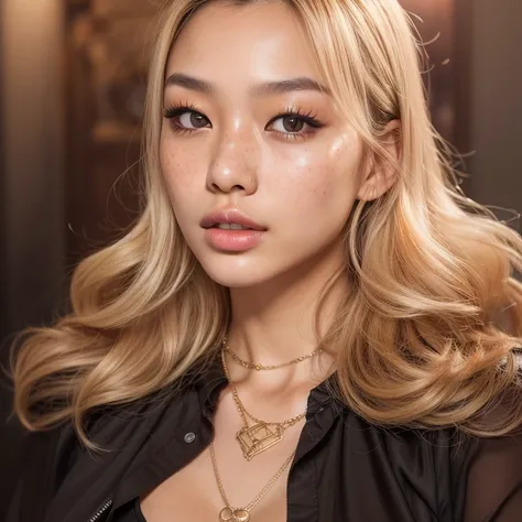 a young Asian woman, 20 years old, black blouse, long platinum hair, black eyes, full lips, light makeup, highly detailed facial features, freckles, fair skin, sensual and delicate features, large breasts, Necklace Golden, Piercing Golden nose, big boobs (...