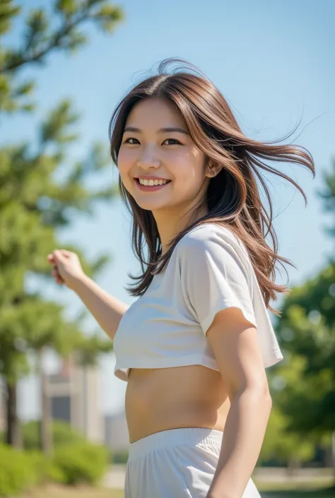 8k, best quality, masterpiece, ultra high res, photorealistic, RAW photo of a young Japanese woman is joyfully jumping rope in a park during a sunny day, captured from the waist up. She has a bright smile and an energetic expression, her long hair bouncing...