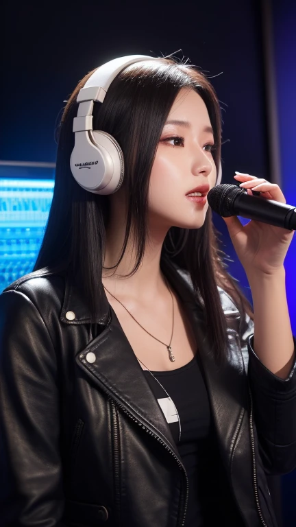 "A stunning young woman with long, silky black hair, wearing stylish headphones around her neck and a trendy leather jacket. She stands in a neon-lit recording studio, adjusting a microphone while gazing at the viewer with an intense, passionate look. Cool...