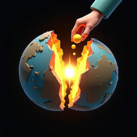 Create an icon for a game with the following content: a 3D globe exploding (split into two large pieces) against a black background. There is a big bright flash effect in the center between the two halves of the globe. In the top right corner, a hand is dr...