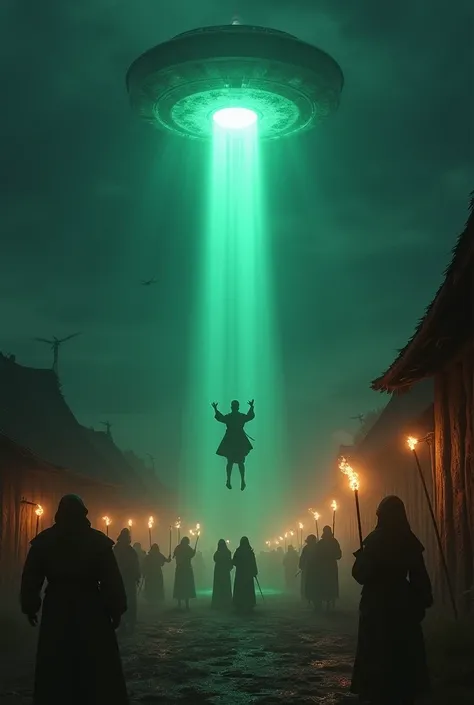 A medieval alien abduction scene at night. A mysterious greenish-blue beam descends from an invisible ship, lifting a terrified villager into the sky. Other peasants watch in horror, torches flickering in the wind. The setting is dark and dramatic, blendin...