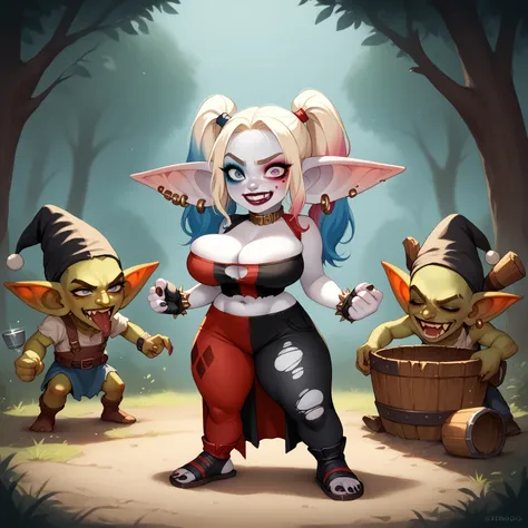 Harley Quinn being transformed into a goblin. GobGirl, shrinking, pale skin, short, long ears, large ears, piercings, white skin, monster_girl 1girl, pointy ears, goblin, shortstack, breasts, long pointy ears, earrings, ripped clothing