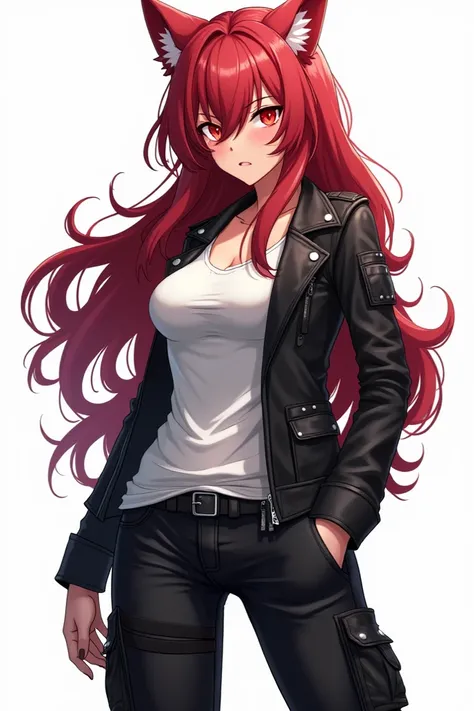 werewolf girl with red eyes, and red long hair with no pony, white tshirt with black jacket, and cargo black pants, full body with white backround and anime motorcycle style.