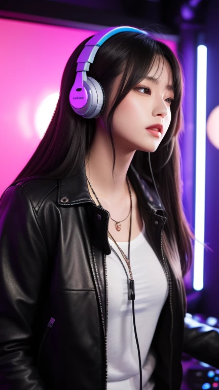 "A stunning young woman with long, silky black hair, wearing stylish headphones around her neck and a trendy leather jacket. She stands in a neon-lit recording studio, adjusting a microphone while gazing at the viewer with an intense, passionate look. Cool...