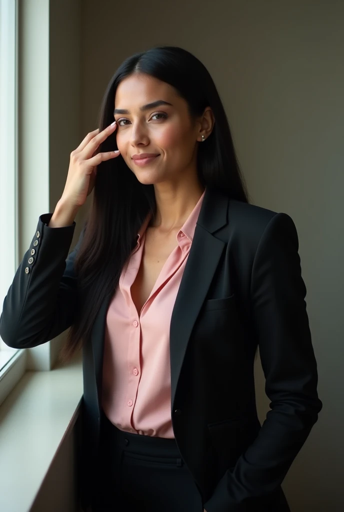 Generate a very realistic and natural photo of a Brazilian woman looking out the side window, 35 years old, 80 kg,  long black straight hair, This one would be very empowered is wearing a black blazer pink blouse and black pants with her hand in her hair h...