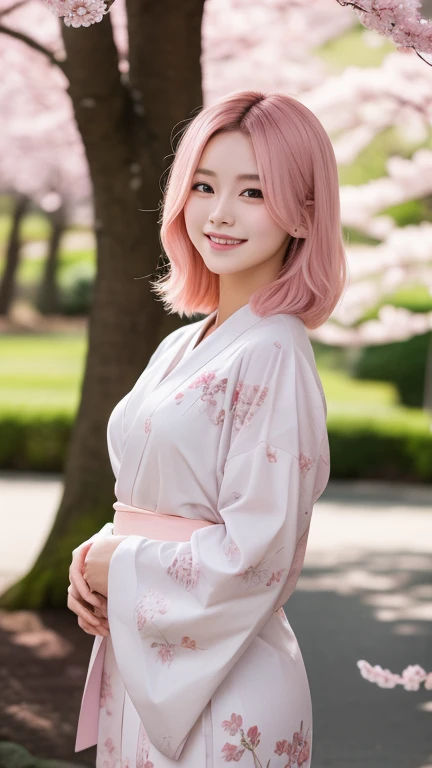 "A beautiful young woman with soft, pastel-pink hair, wearing a flowing floral kimono. She stands in a serene Japanese garden filled with cherry blossoms, gently touching a falling petal while smiling peacefully. Warm spring sunlight, ultra-detailed, photo...