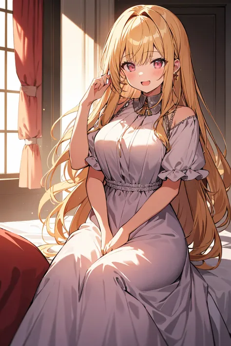 2girls,  Blonde and Pink Long Hair ,   golden eyes ,  Fine grain , Burning Eyes,  big breasts, Chest, Nightgown,  crescent earrings , Flower Hairpin, Down stairs, sunset,  on the bed, laying  on the bed, Abuse of back lens flares on the bed,  on one foot, ...