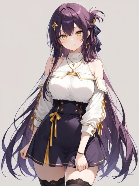 ((masterpiece, best quality, extremely detailed)), 1girl, dark purple hair, very long hair, folded ponytail, yellow eyes, hair ornament, white shirt, sleeveless, off-shoulder jacket, high-waist skirt, thighhighs, hair ribbon, hair ornament, smile, looking ...