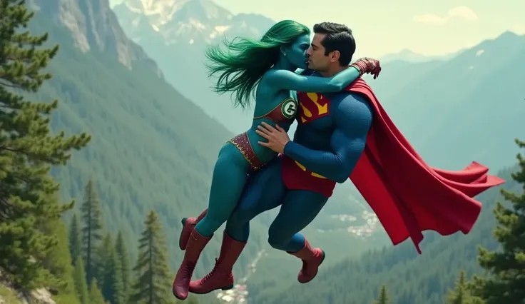 Female version of captain planet in blue skin, green long hair, maroon bikini with green symbol on chest, maroon thong,maroon gloves, maroon boots, flying over mountain city, trees, green environment,  hugging and kissing Superman