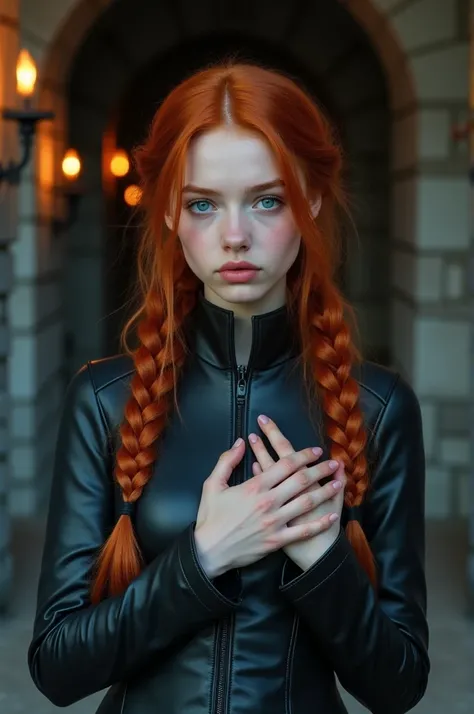  Create a beautiful red-haired woman with light blue eyes and a beautiful and delicate face,  their hair tied in a single braid on each side , Wear a dark leather outfit. that is standing,  in front,  expression with both hands placed on your chest, That h...