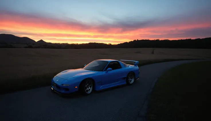 ((RX7 FD3S)), arafed blue sports car driving down a road at sunset, kodakchrome : : 8 k, desktop background, in the sunset, night setting, inspired by Kentaro Miura, high quality desktop wallpaper, inspiring, profile shot, with sunset, scenic full shot, wi...