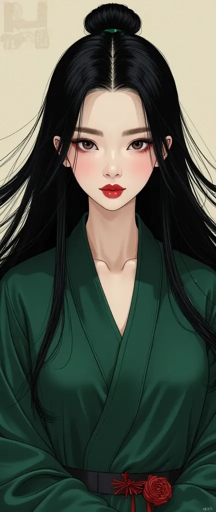 Chinese style illustrations，Royal sister， dark green Hanfu， white face red lips ，Gangster heroine， long hair shawl ， loose hair brushing face ，Black long straight， have long flowing hair，Half-open eyes，High and cold，Lazy、Contempt、Be aesthetics，Black Hair， ...