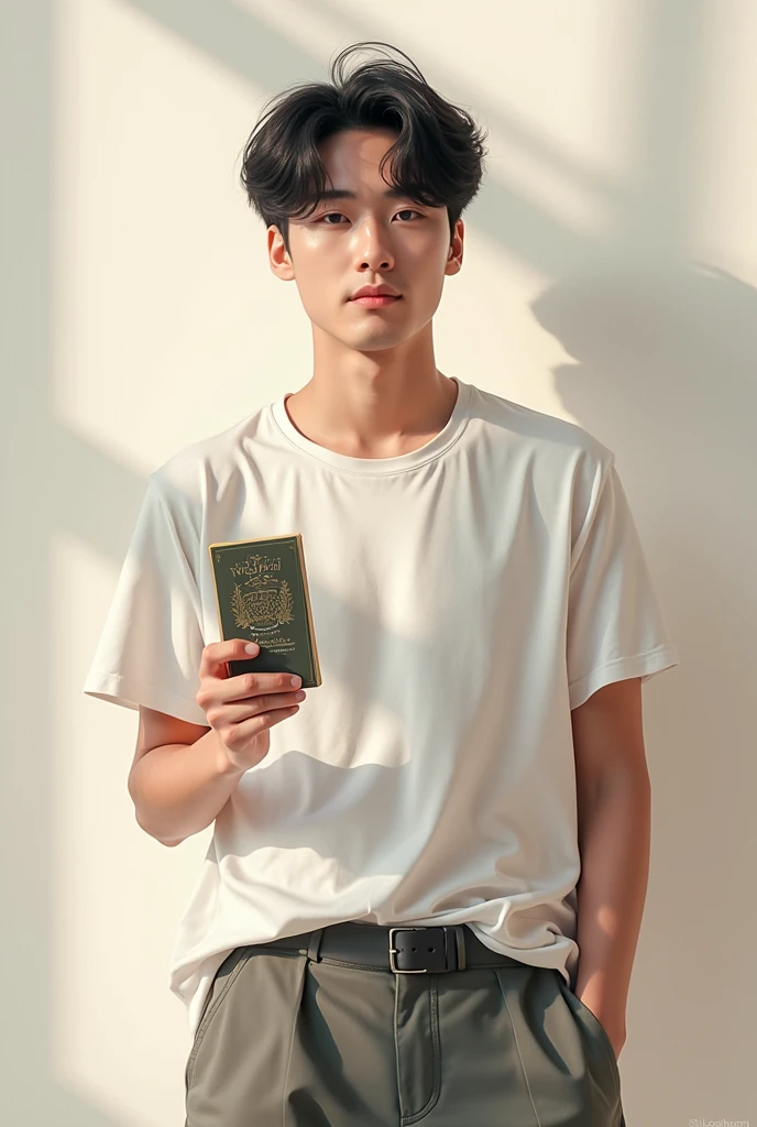  Create a young Korean guy in a t-shirt and pants with a card in his hand,  book cover, similar to BTS  