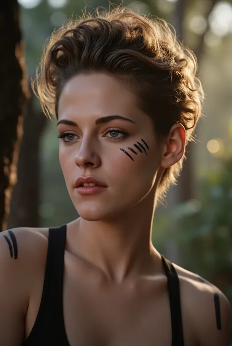 (Kristen Stewart:1.2) , (short curls hair like boy), atmospheric lights, god rays, perfect female face, ultradetailed, with black stripes, detailed skin, ultra realistic, bokeh, sharp features, best quality, ultra high res, detailed face, realistic face, f...
