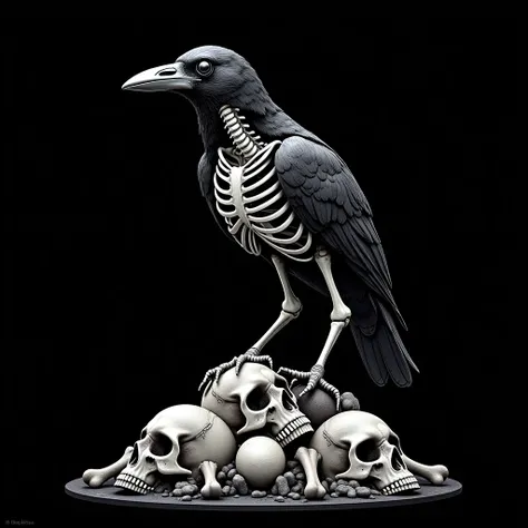 Black-and-white stylish design with high details, featuring a creepy crow. The crow's body is partially transparent so that the bone skeleton can be seen. The crow stands on a pile of human bones and skulls. The deep black background gives a dark and mysti...