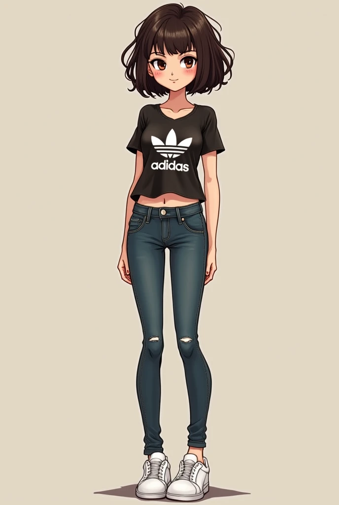 Create one with short curly shoulder hair, She has white skin with a beige tone beeeeem light. Your eyes are very dark brown. She's wearing a rock band t-shirt, She has a large chest. And she wears skinny jeans and a classic white Adidas Superstar... I wan...