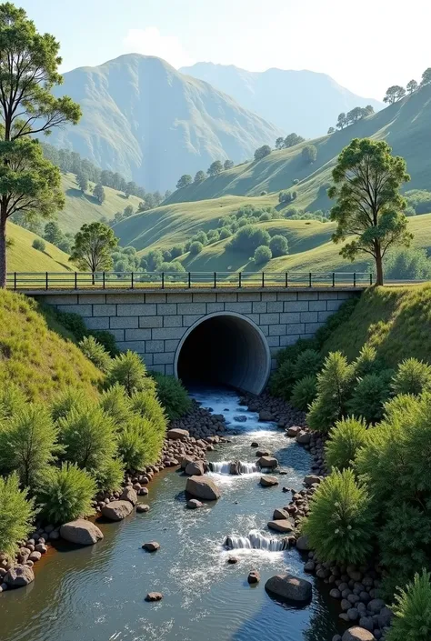 Do a civil engineering design of a 3000mm culvert placed over small stream. Make the stream come down on a 60 degree slope.