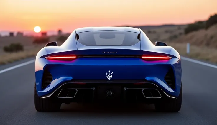 "A high-quality, ultra-detailed image of a Maserati MC20 in a stunning blue color, captured from the rear. The car features sleek, narrow LED taillights that extend across the back, enhancing its futuristic look. The Maserati trident logo is centered betwe...