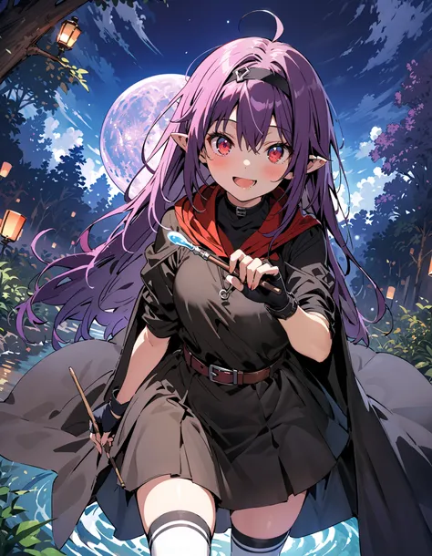 yuukikonno, Konno Yuuki,  headband,  long hair,  pointy ears,  purple hair,  red eyes ,smile,blush, open your mouth,witch,
 thigh high socks,  gloves,  gradation shirt that Furakana has ,  dress, black  gloves, belt, black  thigh high socks, fingerless  gl...