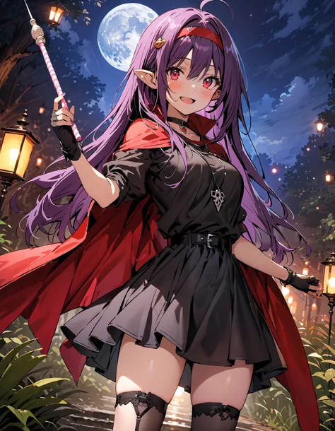 yuukikonno, Konno Yuuki,  headband,  long hair,  pointy ears,  purple hair,  red eyes ,smile,blush, open your mouth,witch,
 thigh high socks,  gloves,  gradation shirt that Furakana has ,  dress, black  gloves, belt, black  thigh high socks, fingerless  gl...