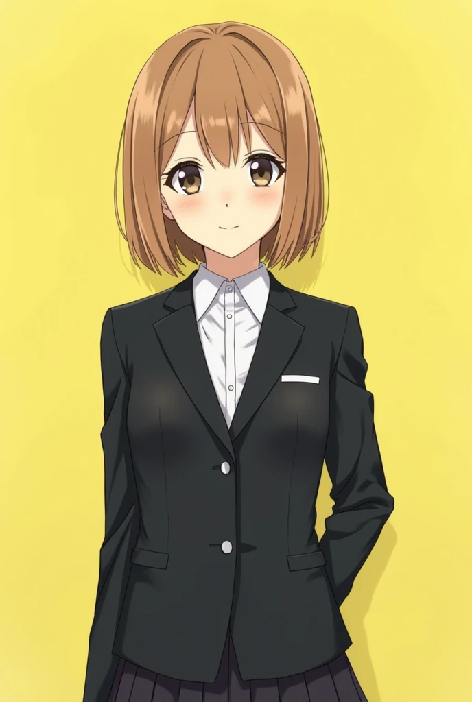  Create a picture of a short-haired japanese woman, straight ,  in yellow .  She wears a black suit high school uniform ,  white shirt and black skirt . Her gaze is judes .  Her face is yellowish white . 