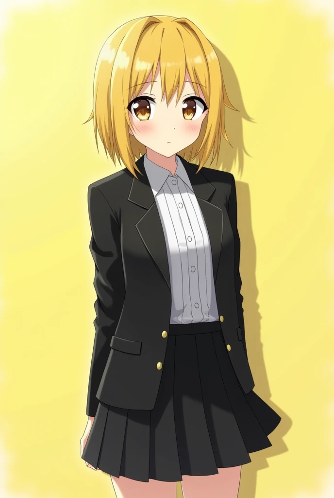  Create a picture of a short-haired japanese woman, straight ,  in yellow .  She wears a black suit high school uniform ,  white shirt and black skirt . Her gaze is judes .  Her face is yellowish white . 