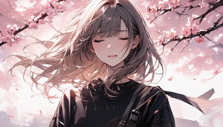 超 high resolution, ( Masterpiece:1.2),  highest quality,  high resolution,  I arranged the  ,  high details,Little Bang 、 girl、 her hair is fluttering in the wind、 has a sad expression, Falling cherry blossoms