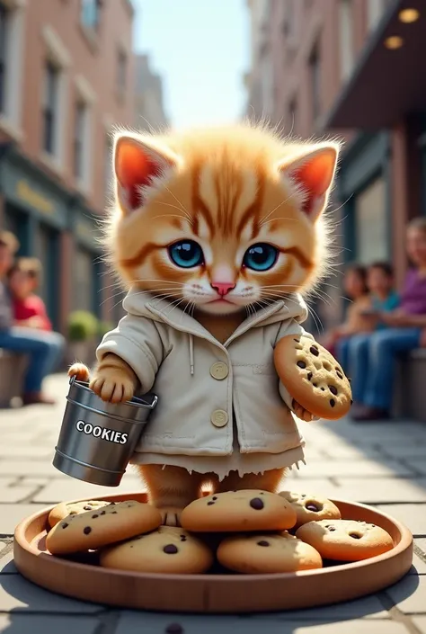   
A highly detailed, ultra-realistic digital painting of a small, fluffy  kitten with large, expressive blue eyes. The kitten is wearing a torn, white, oversized shirt, giving it a sad and abandoned look. It is holding a chocolate chip cookie in one paw w...