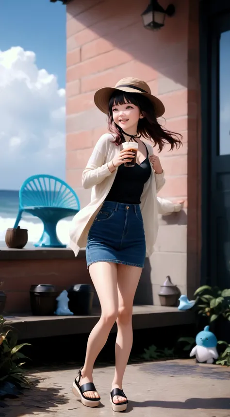 adorable young woman, at cafe, near beach, holding a cup of drink, BREAK, ( dark-brown hair, shoulder-length hair, brown bucket hat), BREAK, ((beige long sleeves cardigan), (undershirt : white t-shirt, black camisole), denim pencil mini skirt, dark-brown p...