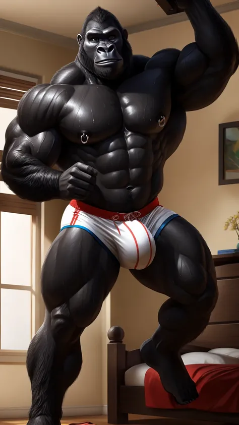  Close-up of a muscular and athletic male gorilla ,  naked,  posing sensually , sports shorts down showing off his big and erect penis,  falling in a bedroom, by day, wearing nipple piercings,  wet with cum ,  sweaty body , NSFW,  well detailed ,  ultra de...